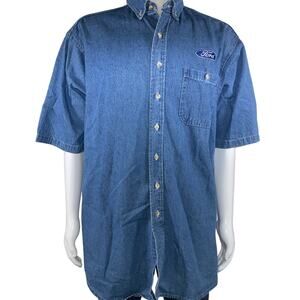 Vintage Union Line Denim Work Shirt Ford Emblem Short Sleeve Size Large